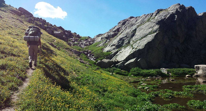 a few people walk along a grassy trail alongside large boulders
